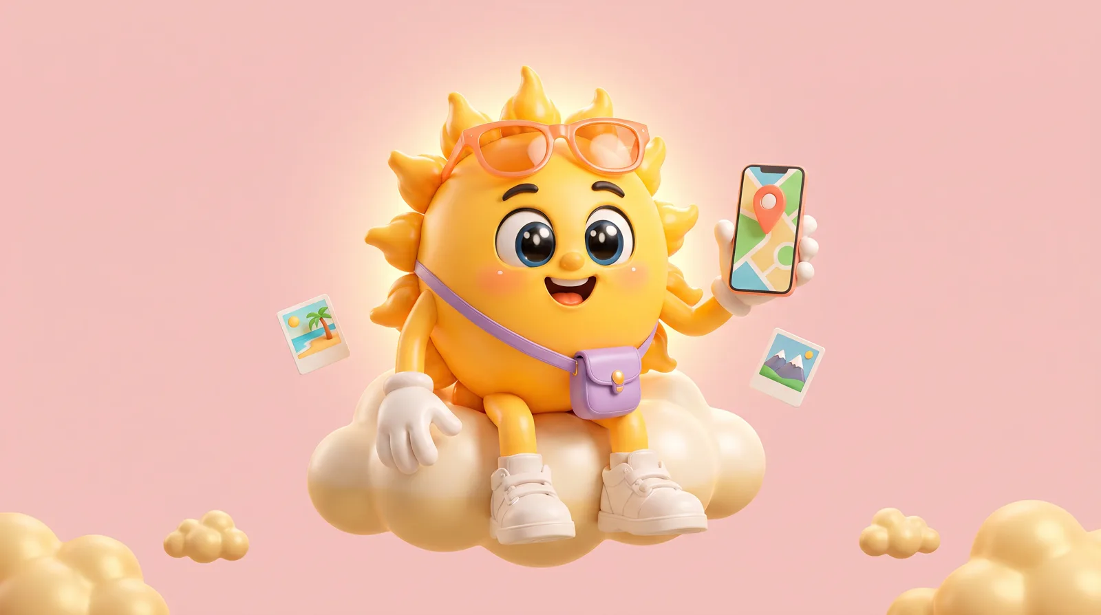 Sol sitting on a cloud, picking a destination on a phone map